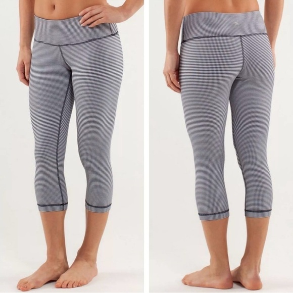 Lululemon Women's Wunder Under Crop Leggings Gingham Inkwell Navy Blue Size 10 - Picture 1 of 9